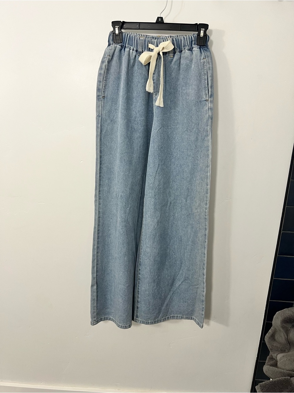 Festival Wide Leg Light Blue Denim Jeans with Drawstring Waist